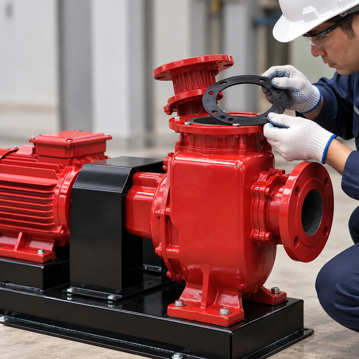 Technician inspecting the top of a red ZW self-priming pump casing