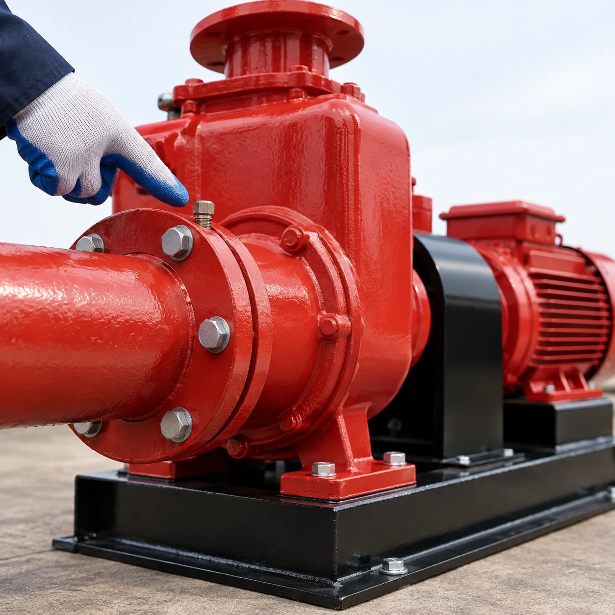 Gloved hand pointing to a suction joint beside a red self-priming pump