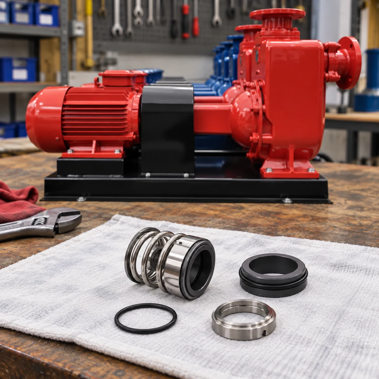 Uninstalled seal components on a cloth in front of an intact red self-priming pump