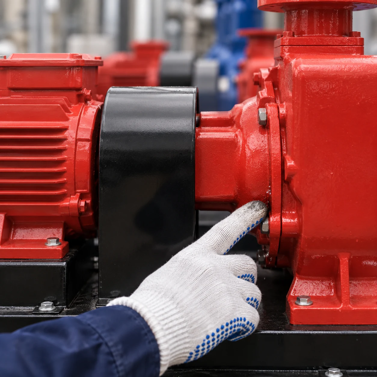 Gloved hand pointing at the shaft-side joint of a red self-priming pump