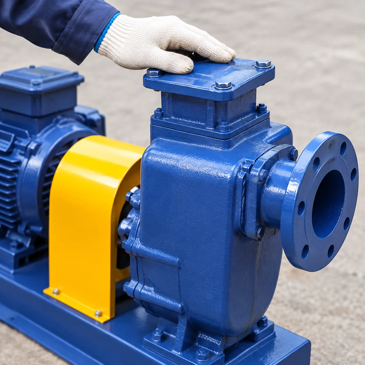 Gloved hand checking the top of a blue self-priming pump with yellow coupling guard