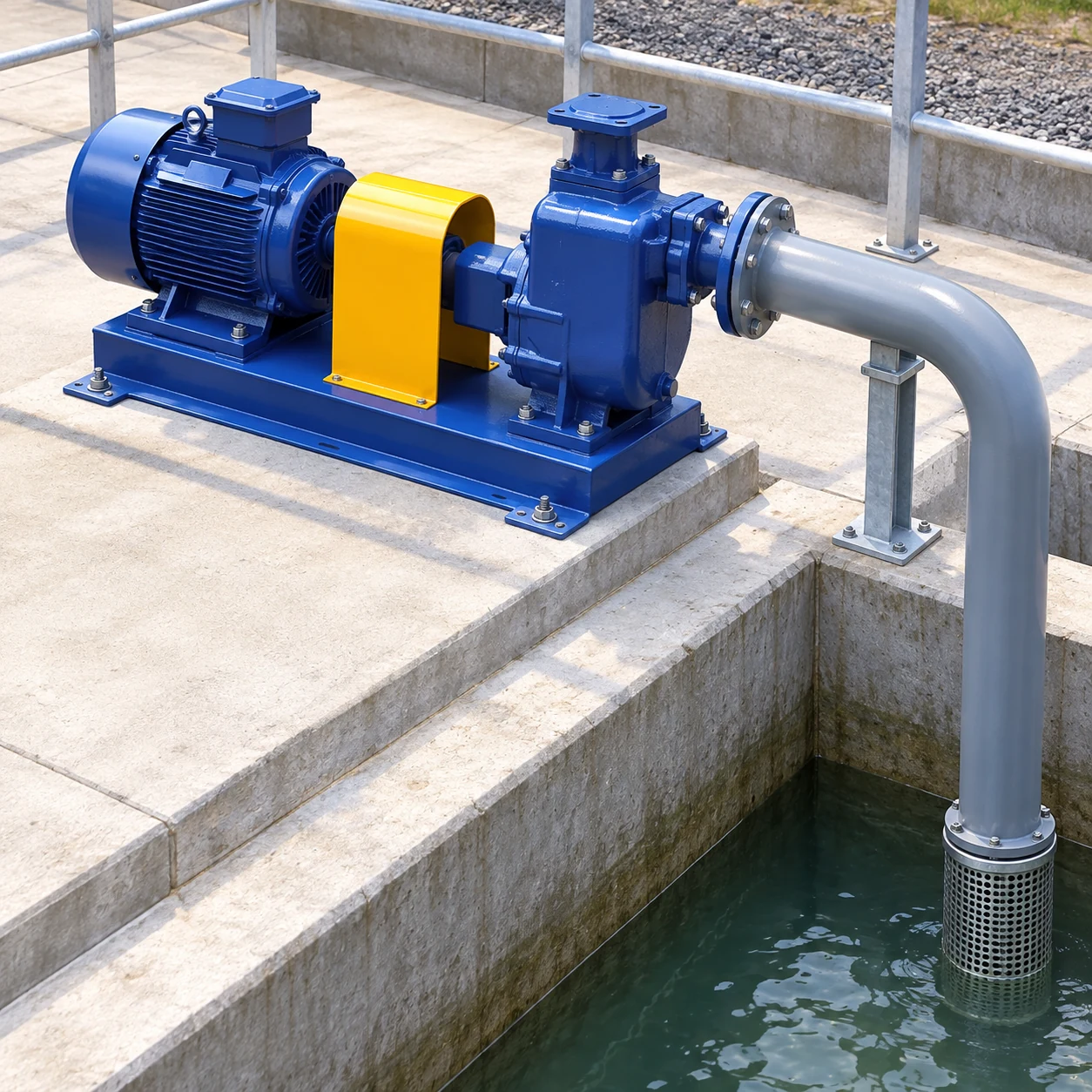 High-angle view of a blue self-priming pump connected to a supported suction pipe