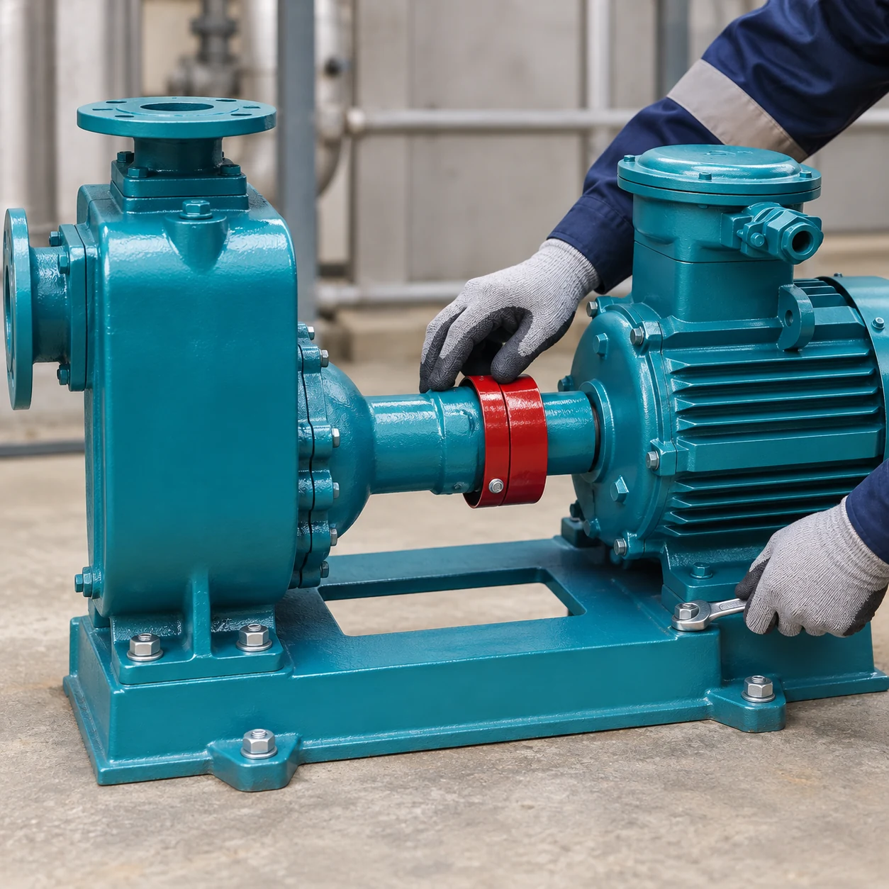 Gloved technician inspecting a teal pump motor and red coupling area