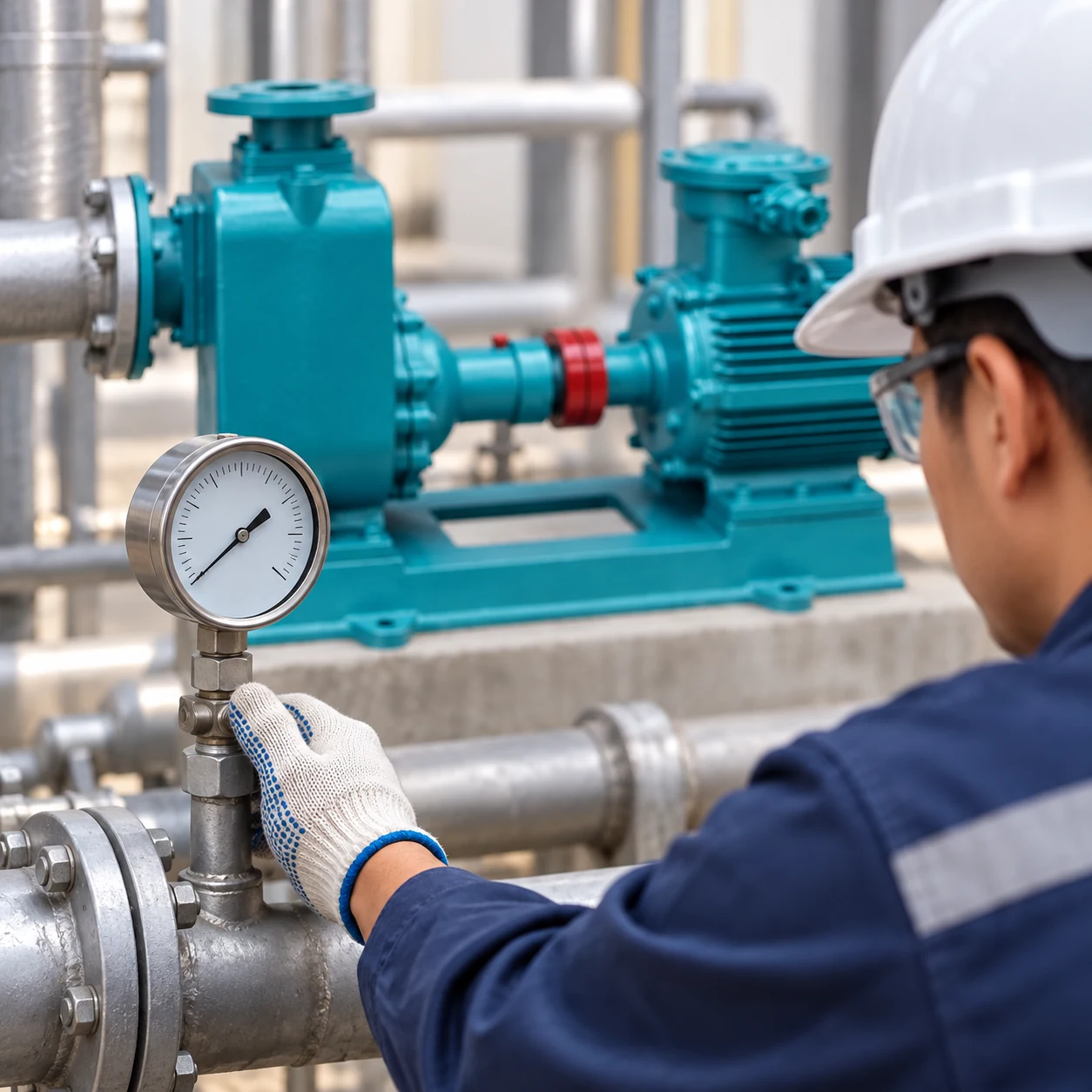 Technician reading a separate gauge with a teal self-priming pump behind