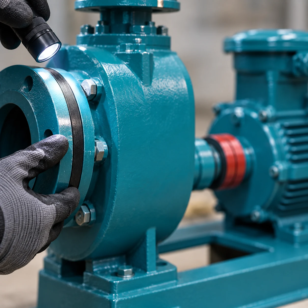 Gloved hand checking the gasket face of a teal self-priming pump flange
