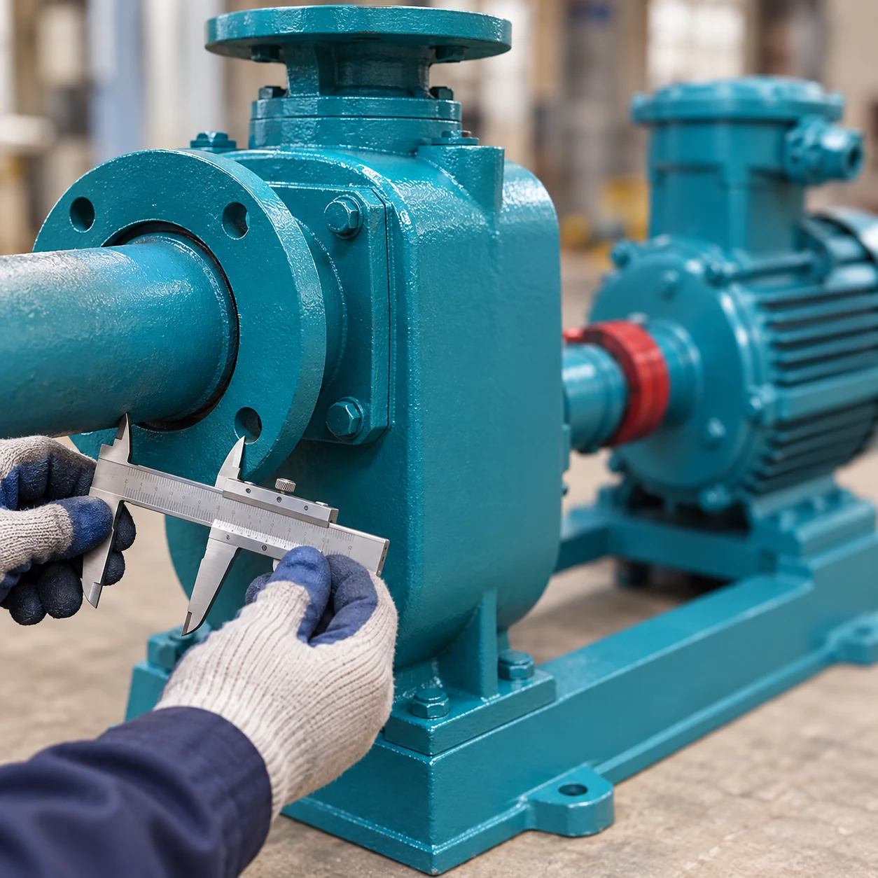 Technician using a caliper near the teal pump suction flange
