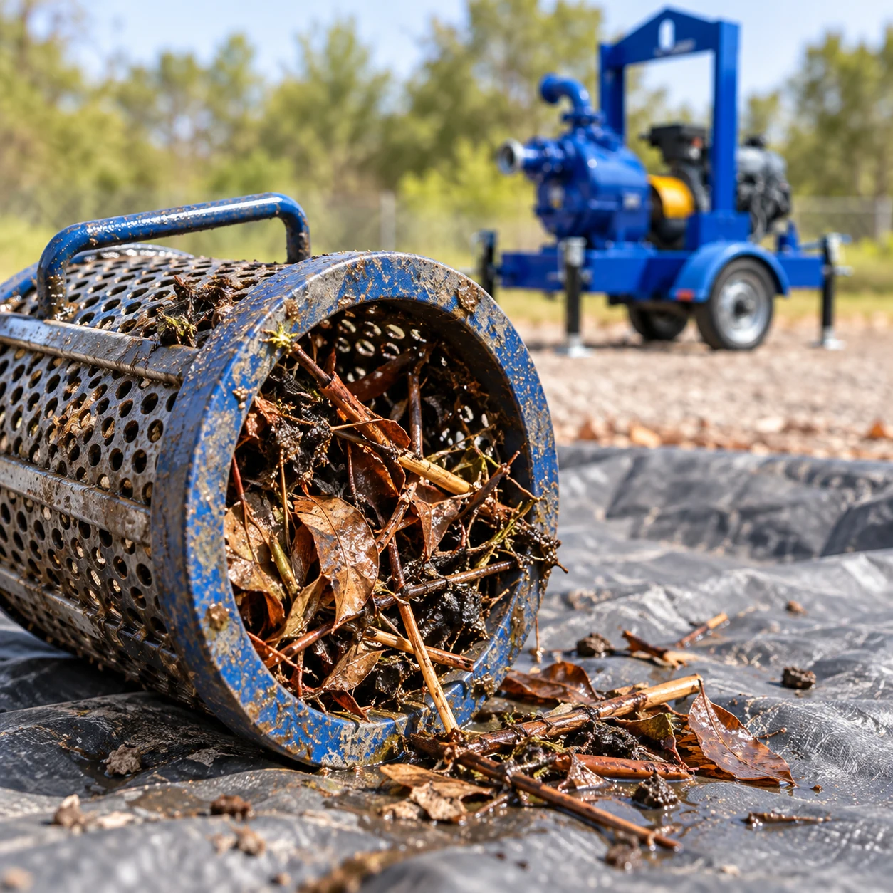 Close view of leaves and sticks in a removable strainer with the blue SCPY trailer pump behind