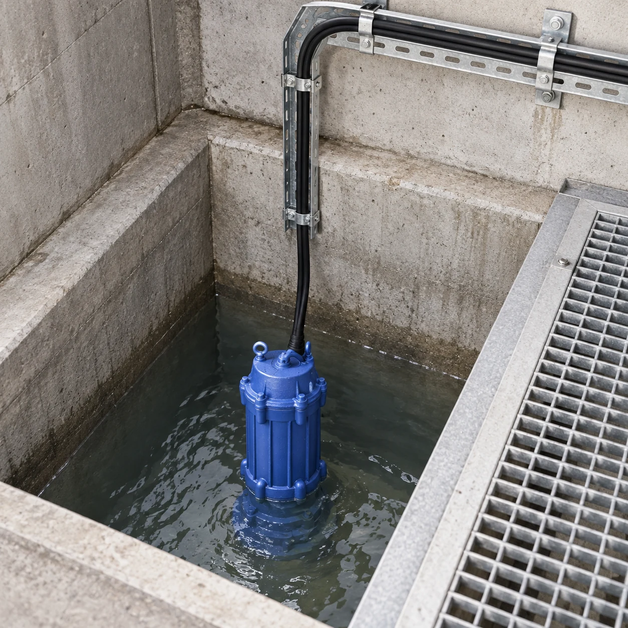 Blue WQ pump below a supported dry power-cable route in a tunnel