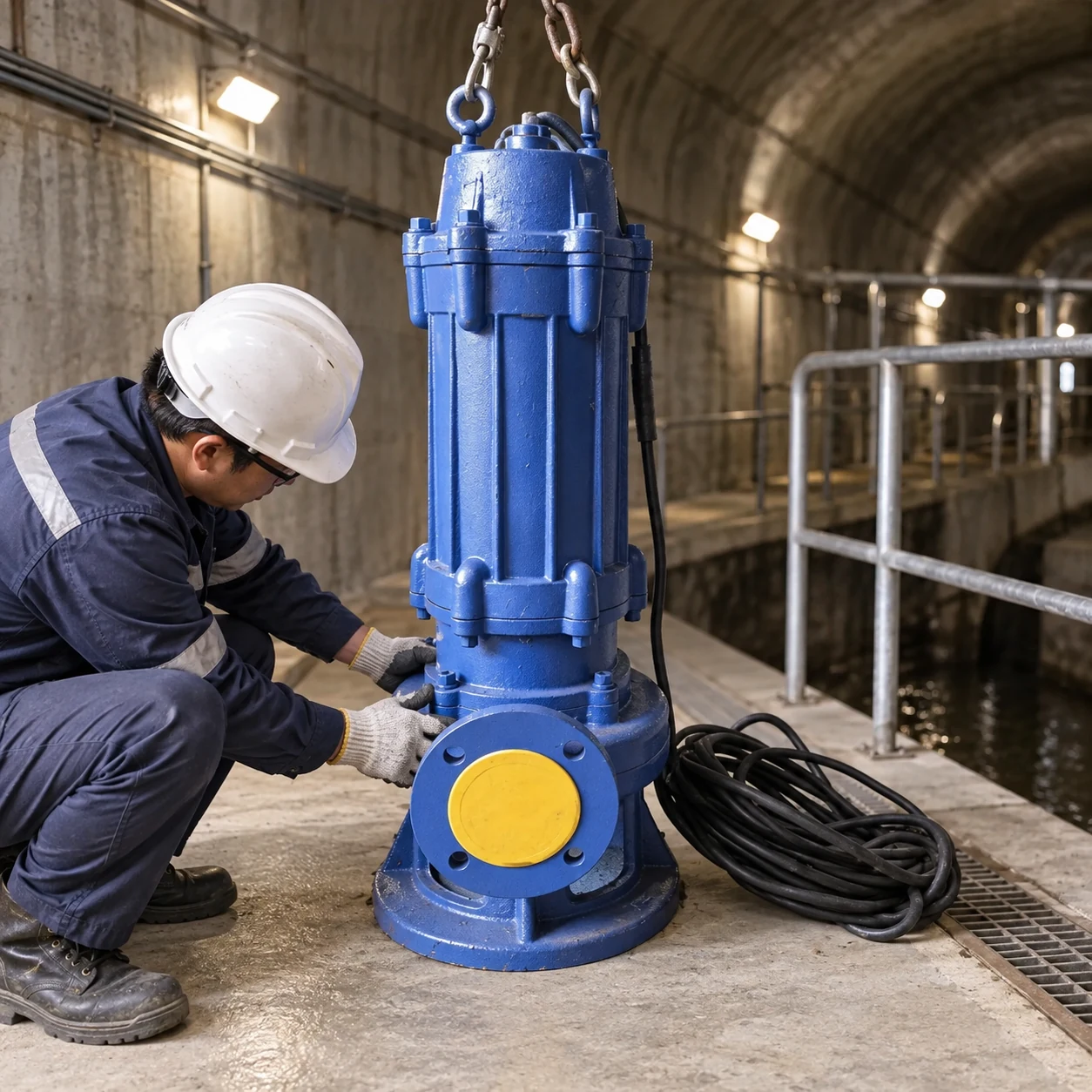 Technician checking a blue WQ pump on a dry platform after lifting from a sump