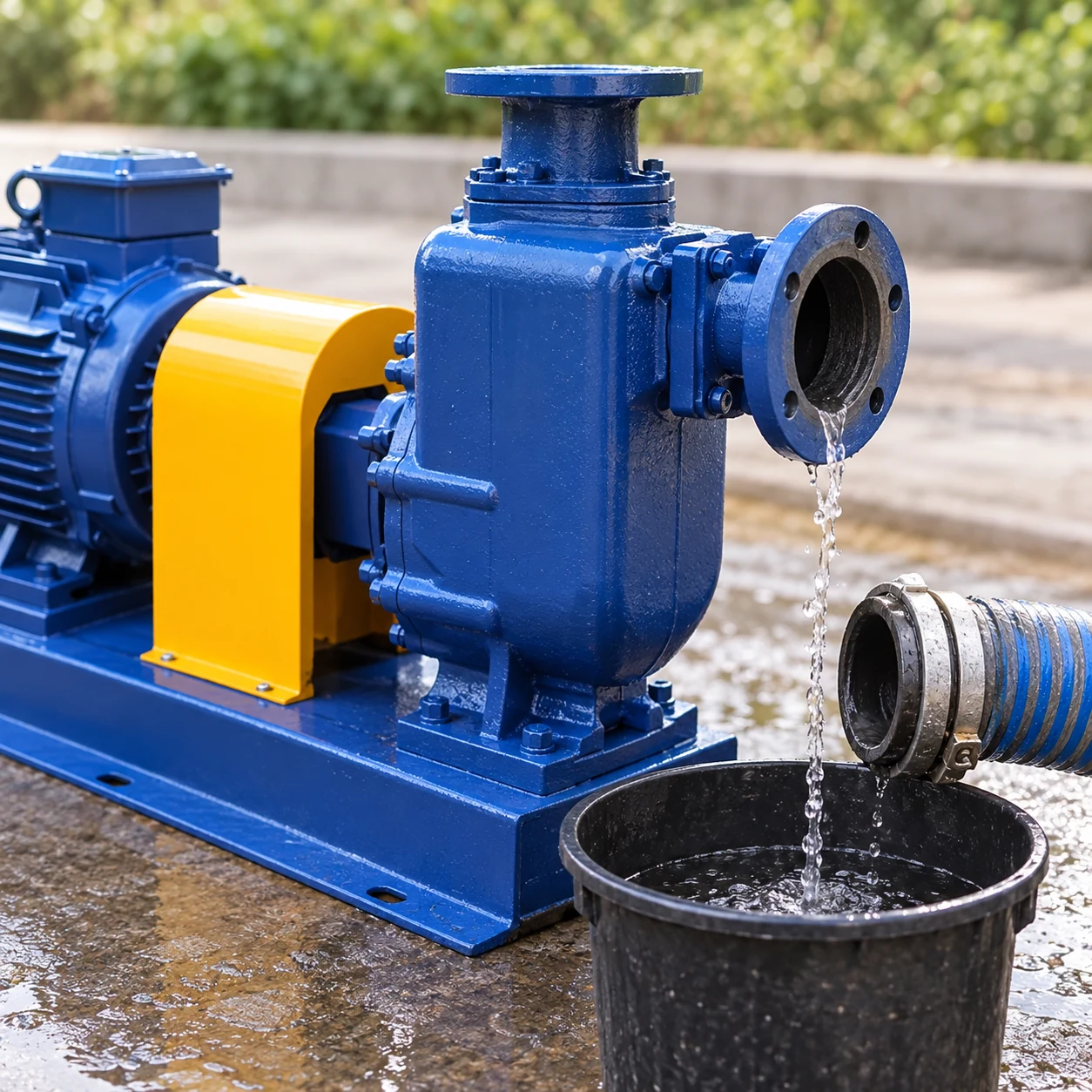 Disconnected hose draining into a bucket beside a blue ZX pump