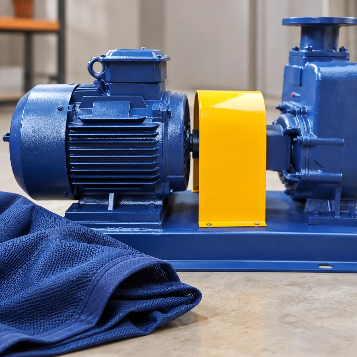 Close view of a blue ZX pump motor and yellow coupling guard with breathable cover nearby