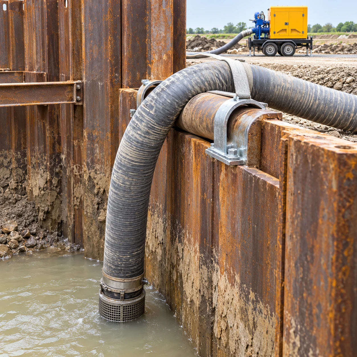 Suction hose supported over a protected sheet-pile edge toward a shallow sump with a Borra ZBCY pump outside