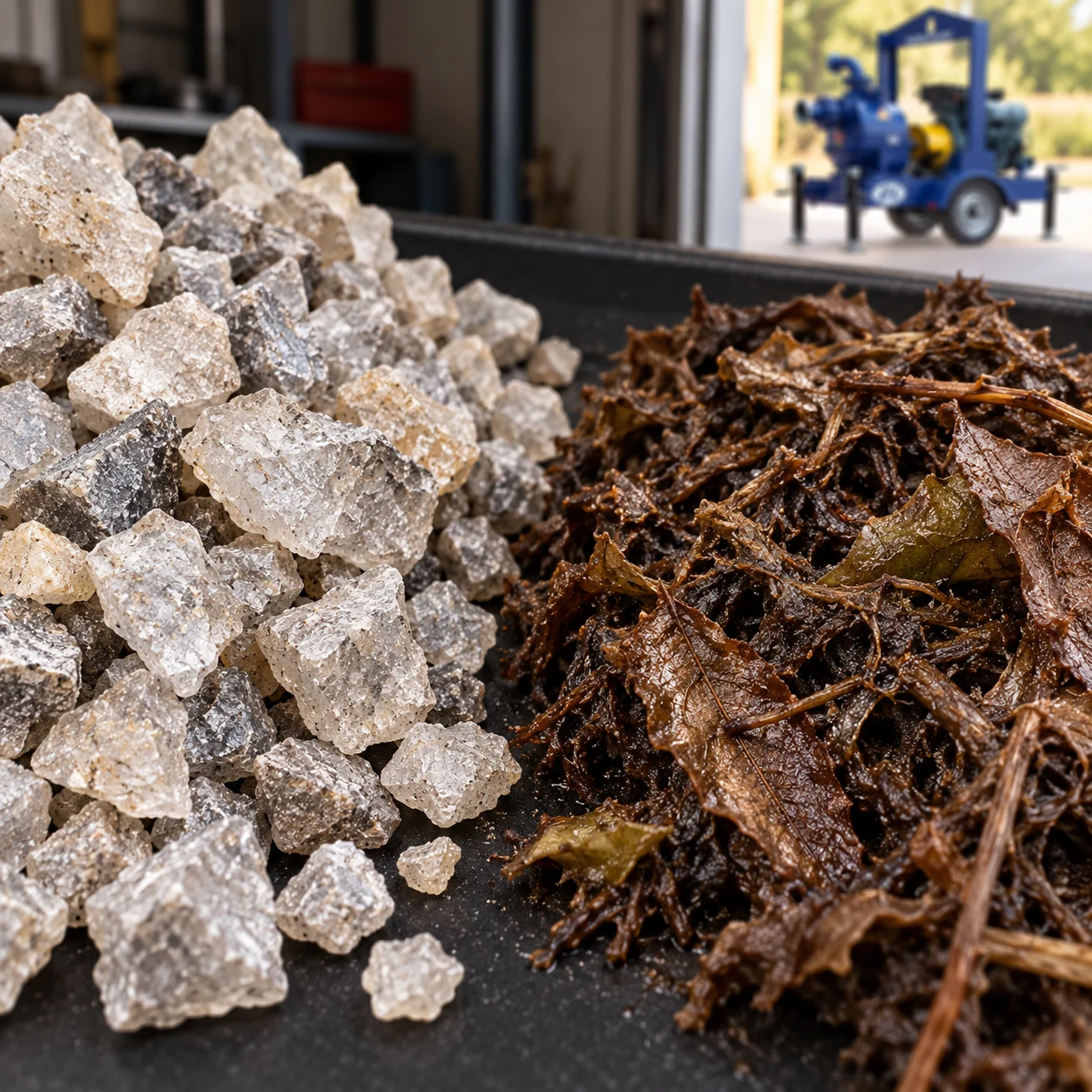Angular mineral fragments and fibrous organic debris with a Borra SCPY pump in the distant background