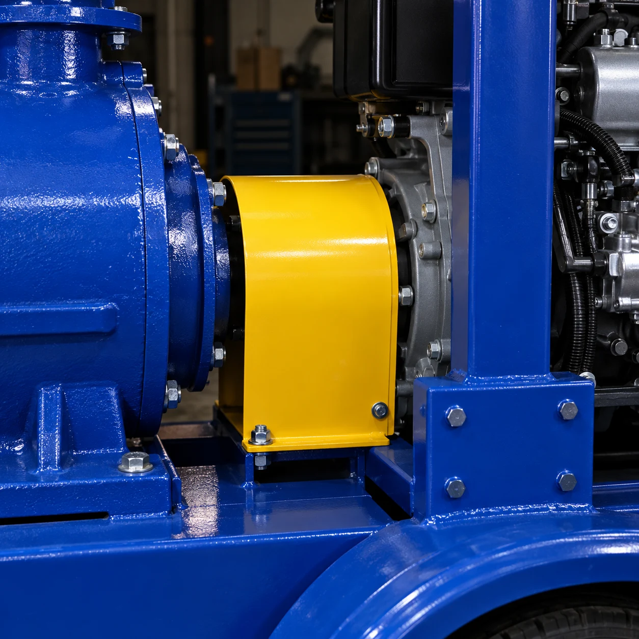 Intact yellow coupling guard between the blue pump casing and diesel drive