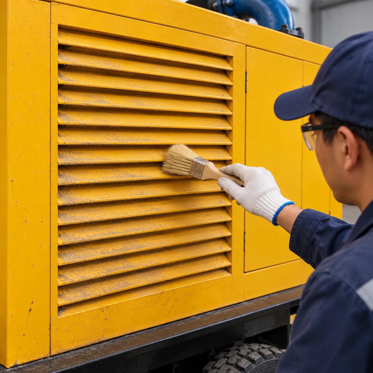 Operator brushing external yellow ventilation louvers on a stopped Borra mobile drainage pump