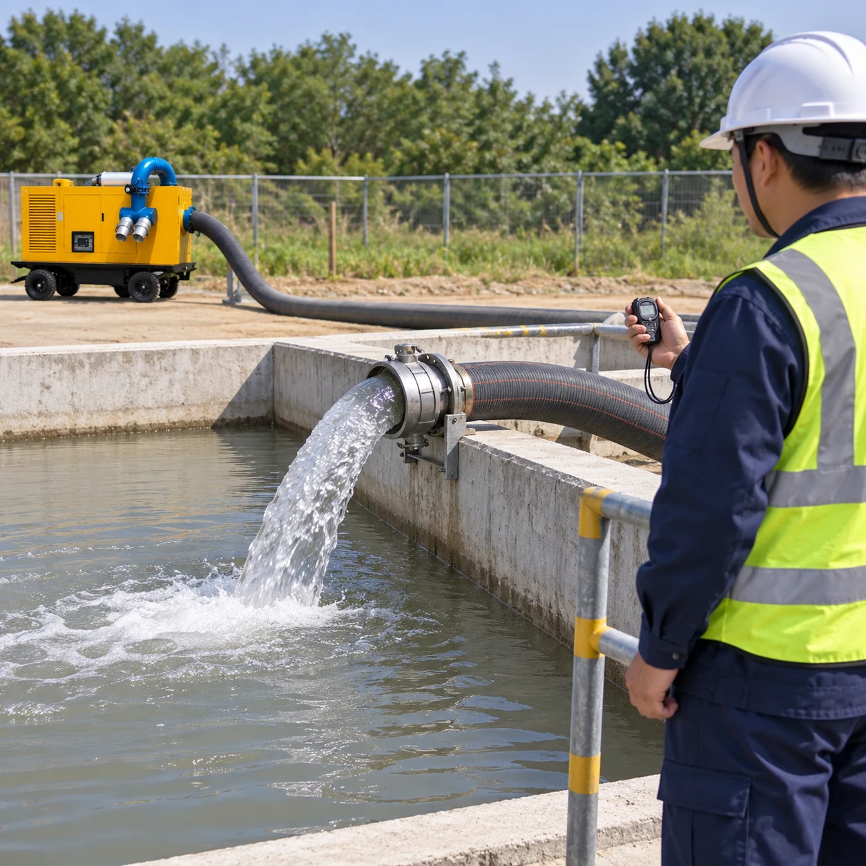 Operator observing a discharge hose into a contained tank with a Borra CHWY pump in the background