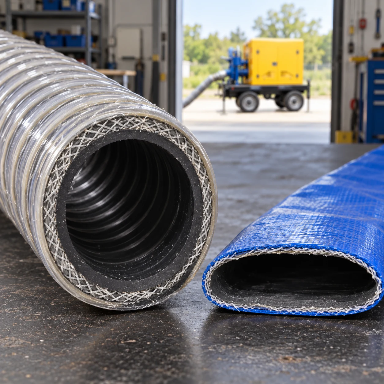 Reinforced suction hose and layflat discharge hose cross-sections with a Borra ZBCY pump beyond the doorway