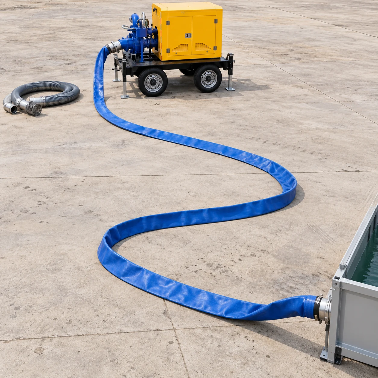 Blue discharge hose laid in broad bends across a dry yard from a Borra ZBCY trailer pump