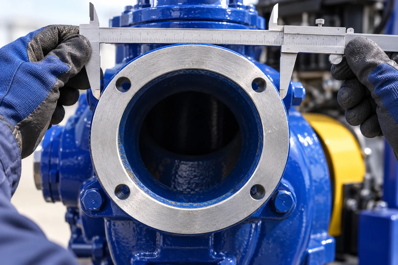 Calipers checking the outer suction flange rim of a stopped blue trash pump