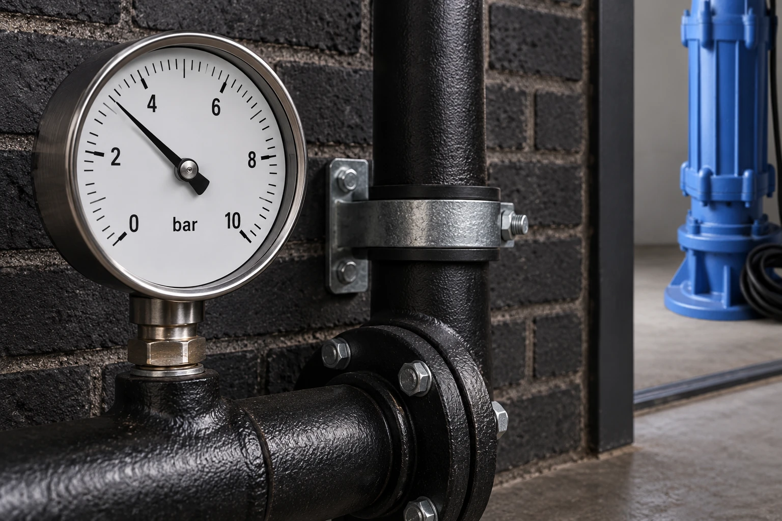 Discharge gauge and supported pipe with the blue pump visible beyond