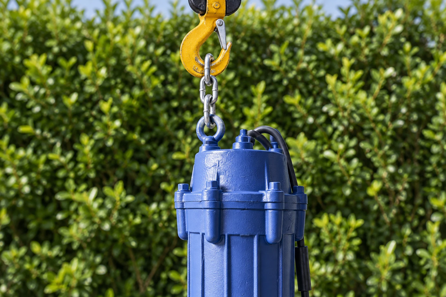 Latched lifting hook and chain connected to the pump lifting eye