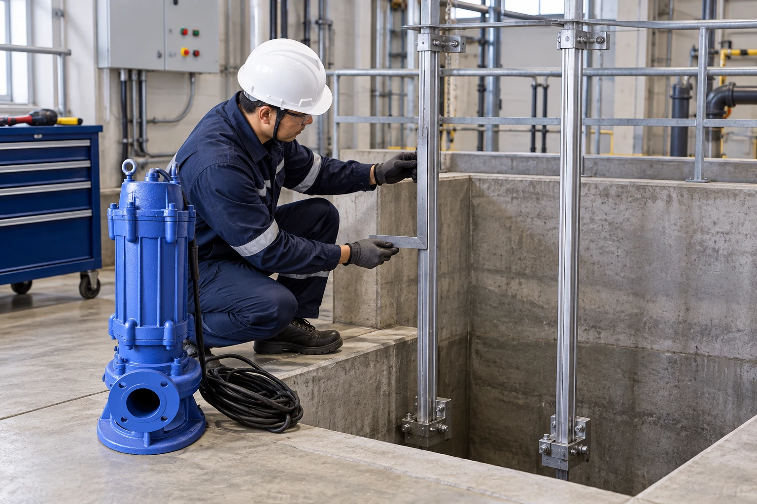 Guide-rail demonstration and a sewage pump in an inspection bay