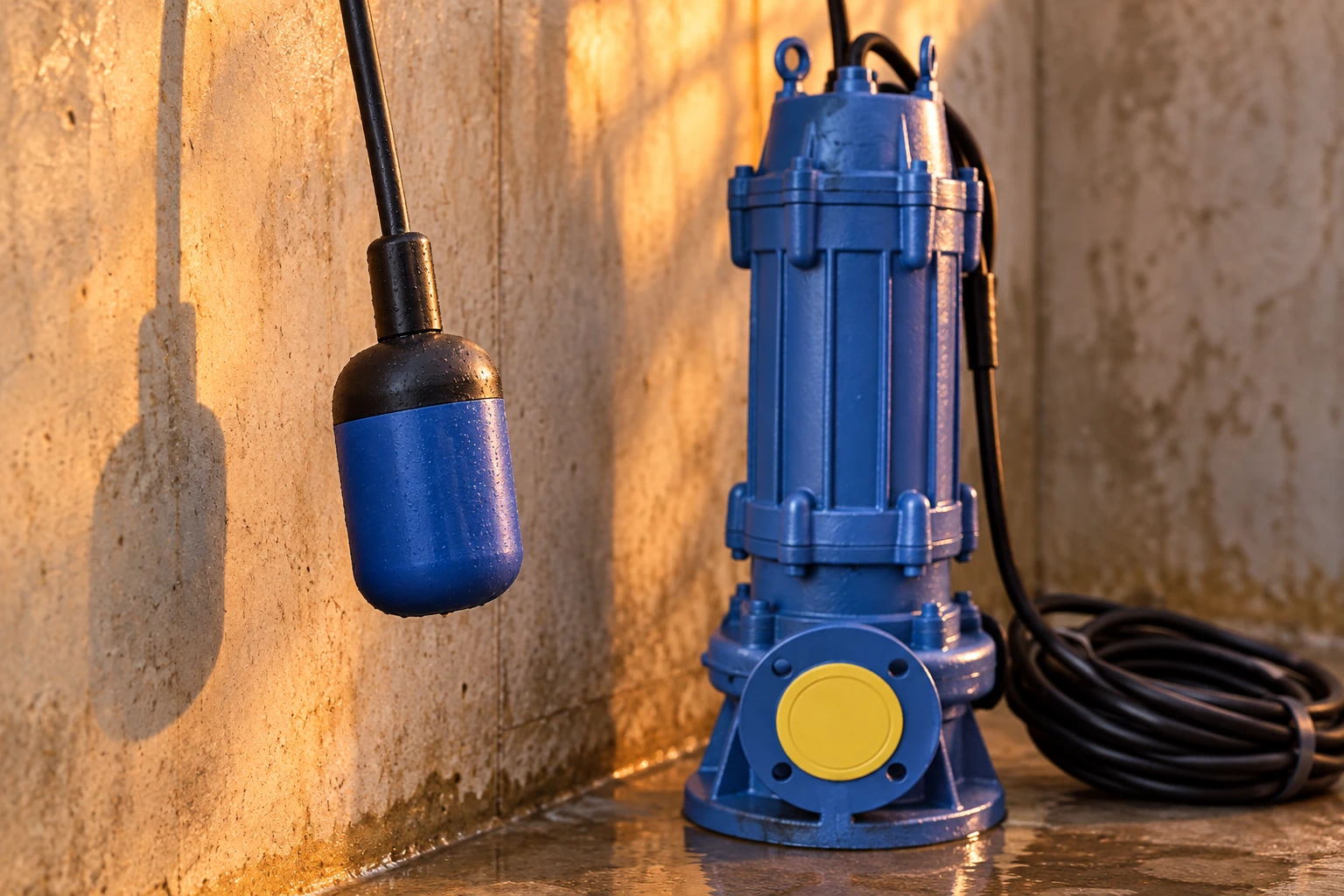 Suspended float beside a wall with the pump cable and housing beyond