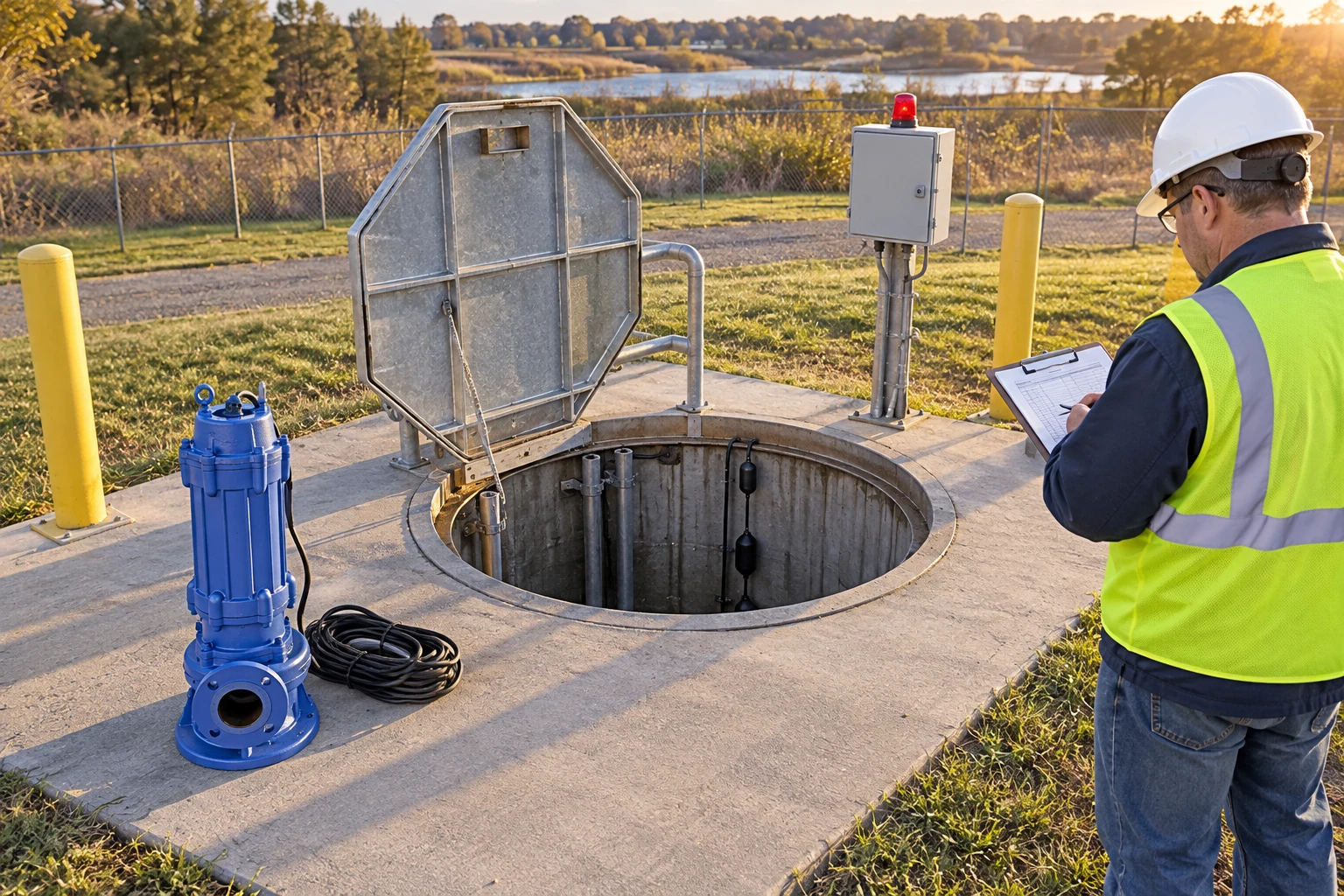 Operator inspecting a level log beside an outdoor station hatch