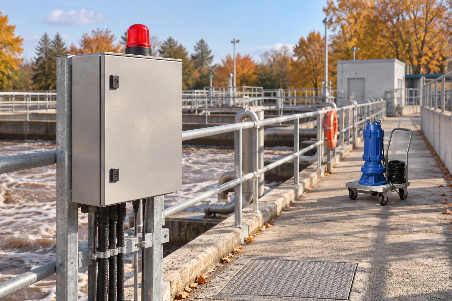 Closed station alarm enclosure with a standby pump in the distance