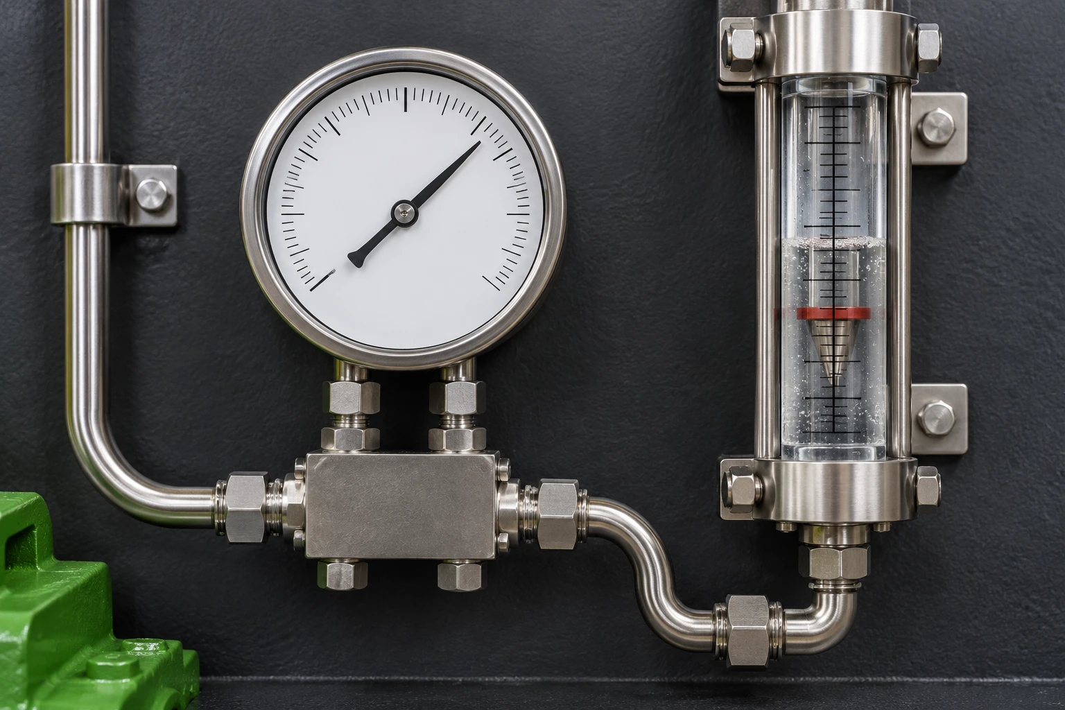 Pressure gauge and water flow meter with the green pump edge visible