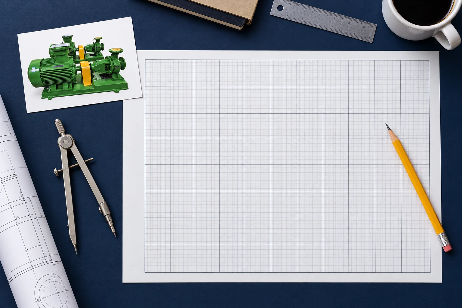 Blank graph paper and an inspection photograph of the reference pump