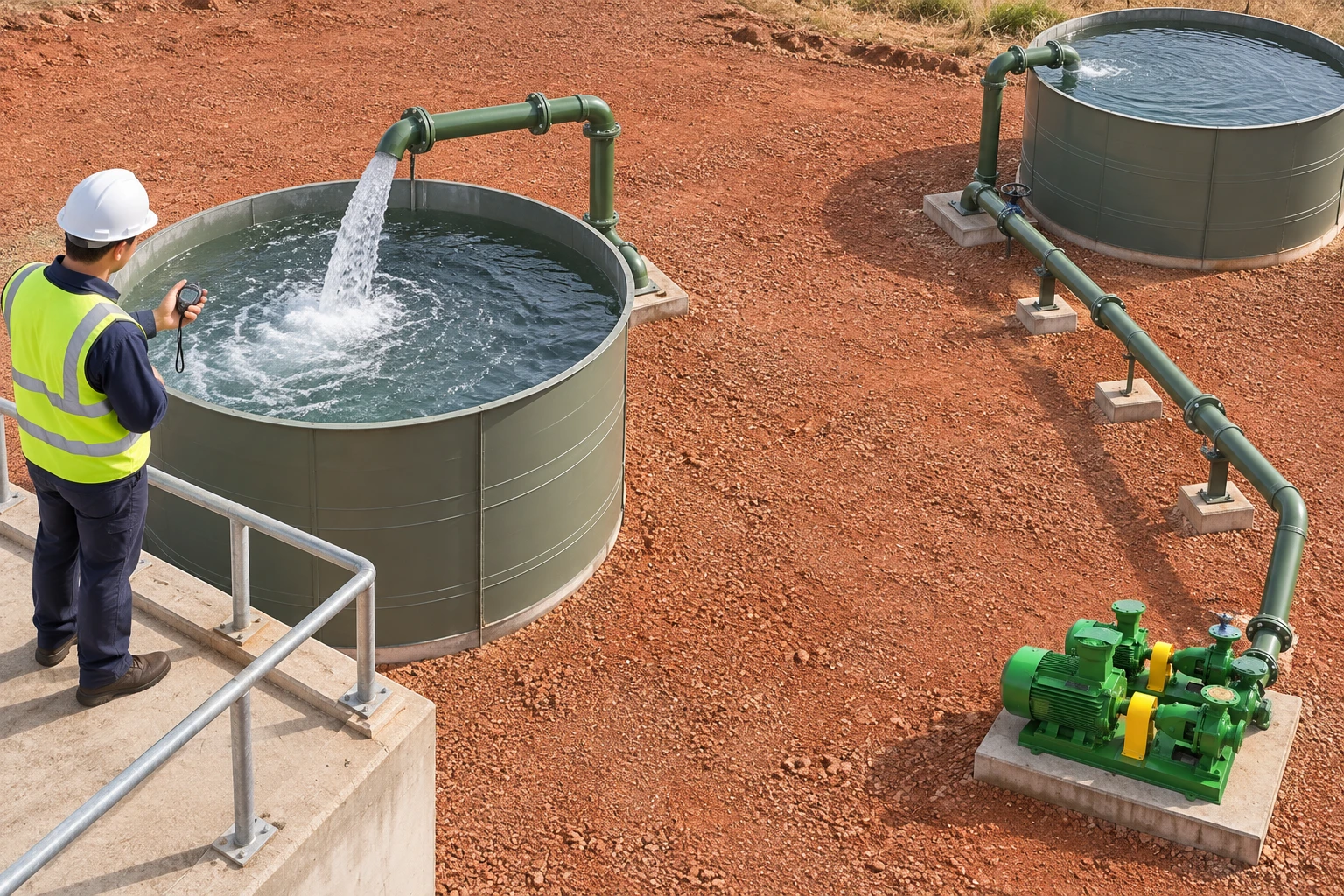 Outdoor tank-volume commissioning test with a pump in the distance
