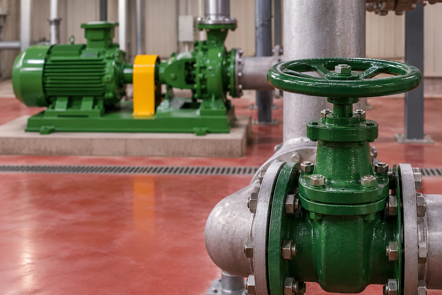 Discharge valve handwheel with the green centrifugal pump beyond