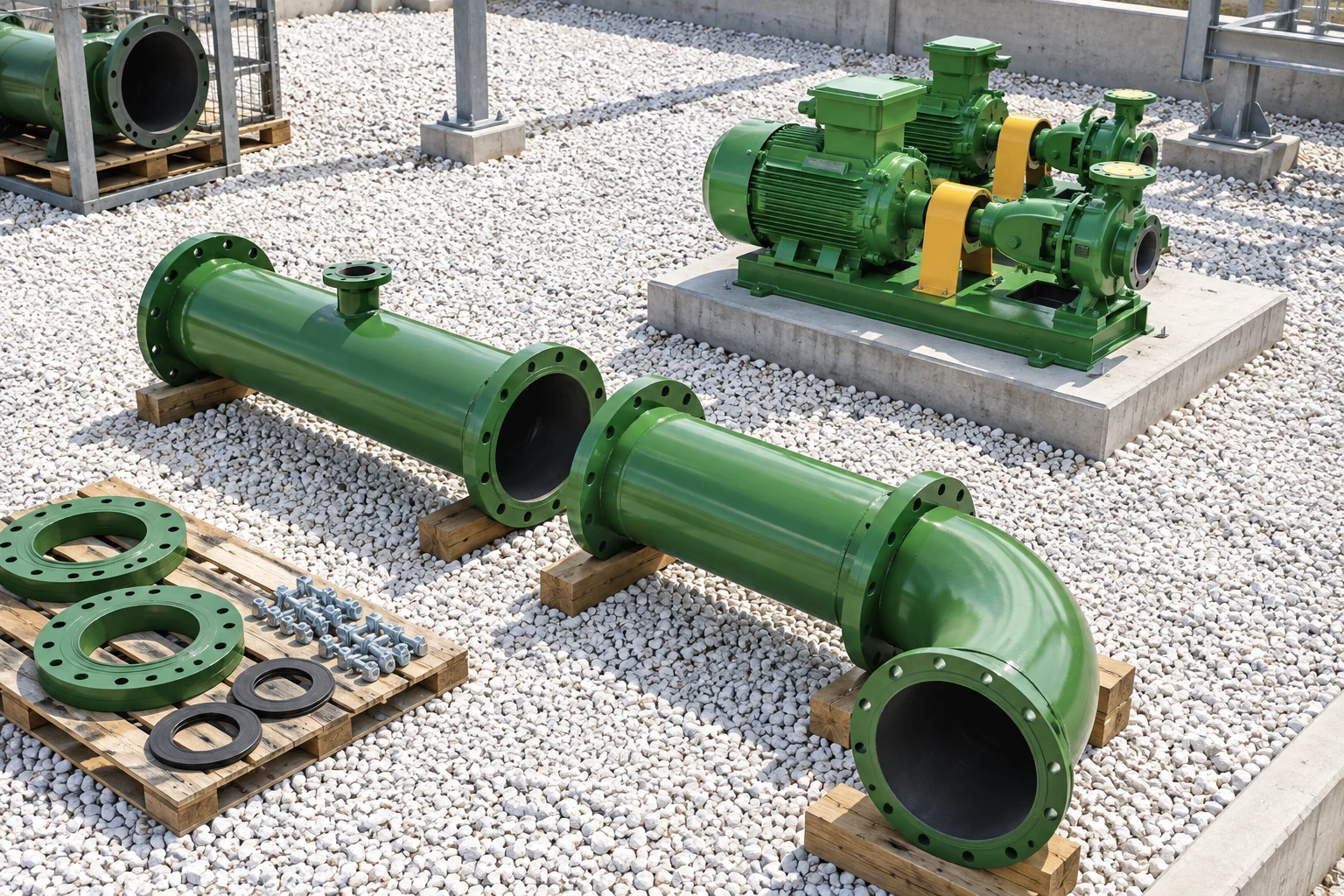 Suction pipe sections and a sweep elbow staged beside the green pump