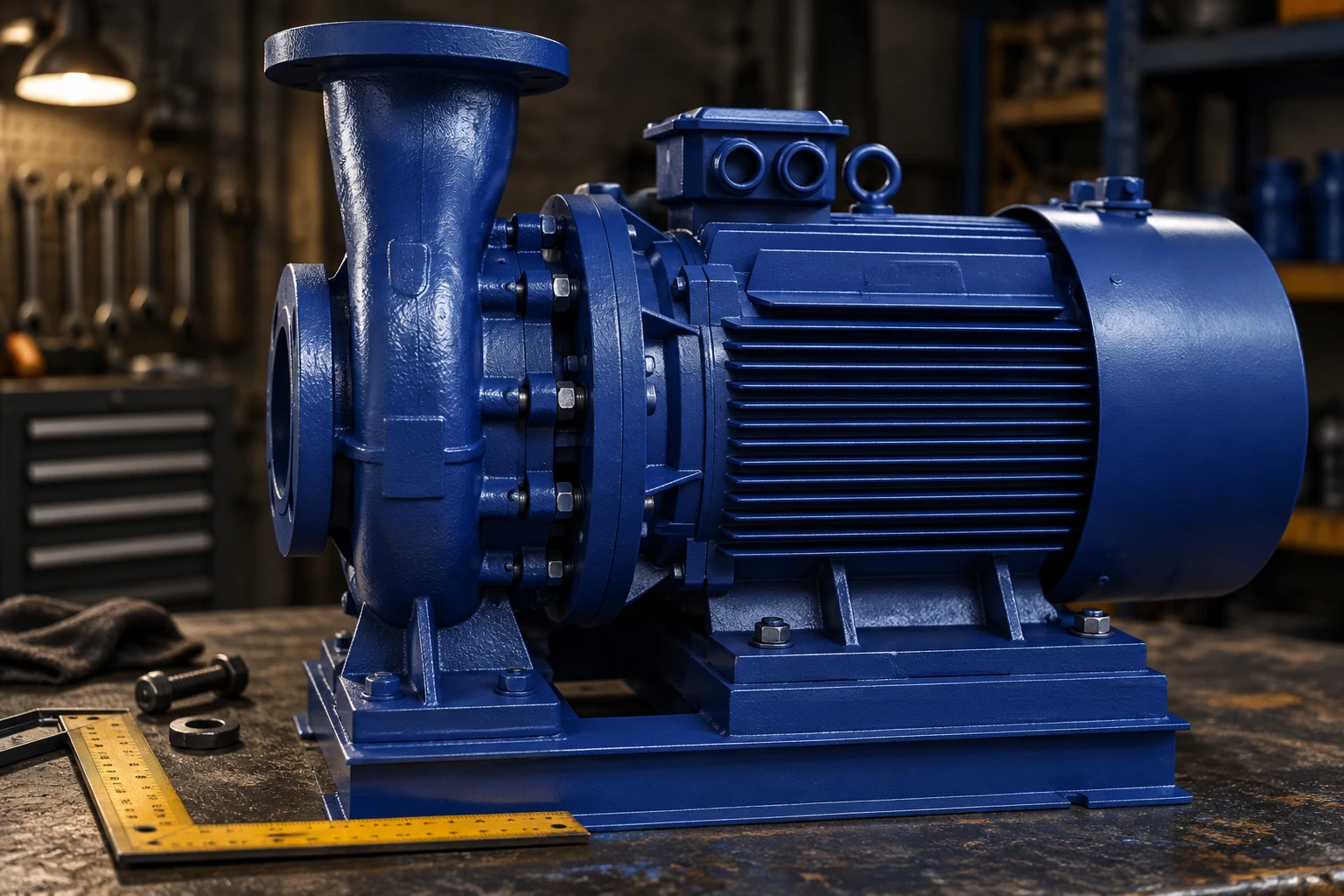 External motor-to-pump connection on the referenced blue assembly
