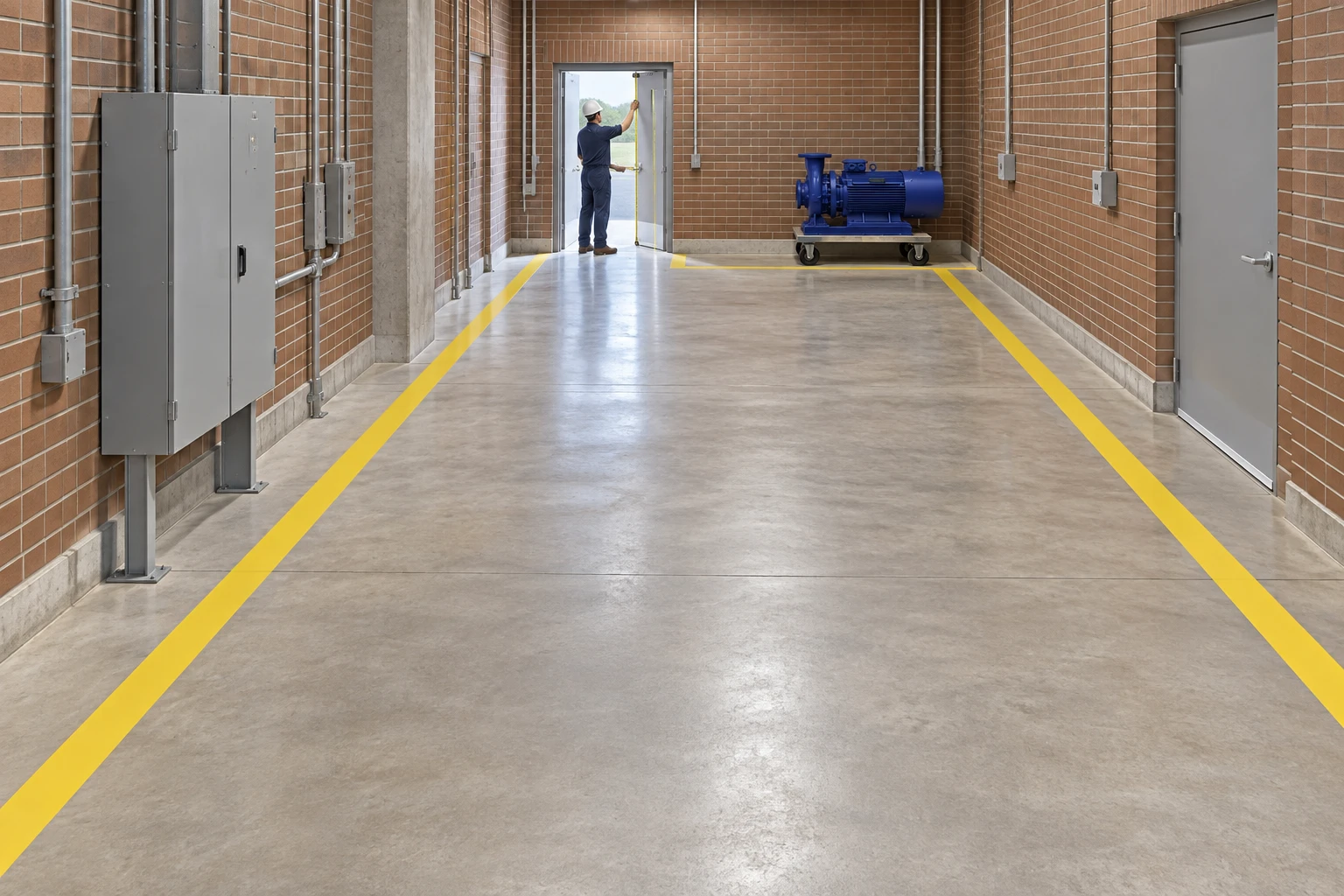 Wide maintenance corridor with the blue pump on a distant service cart