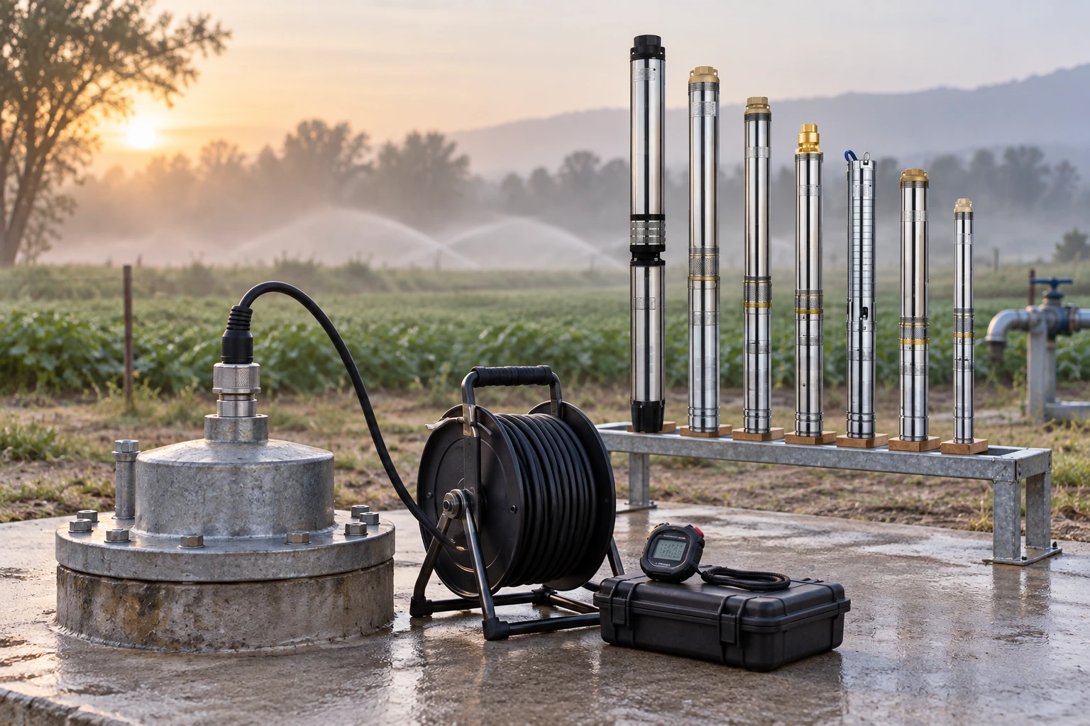 Well-test cable reel and stopwatch with borehole pumps staged behind