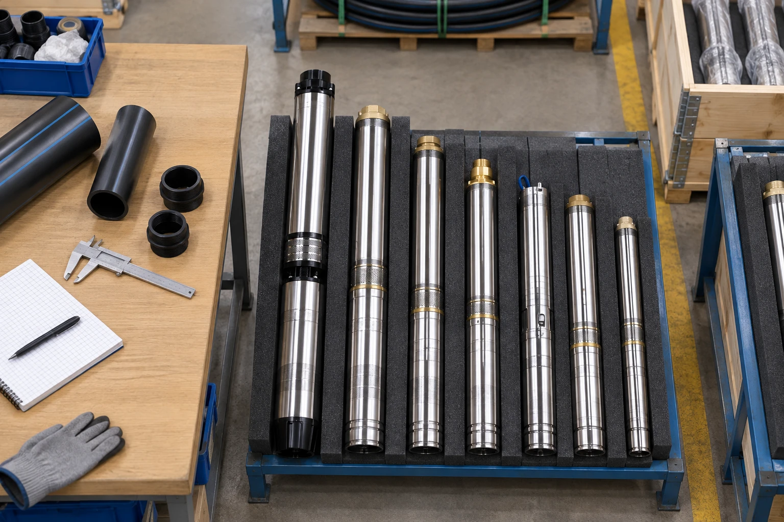 Different referenced borehole pump diameters on padded inspection racks
