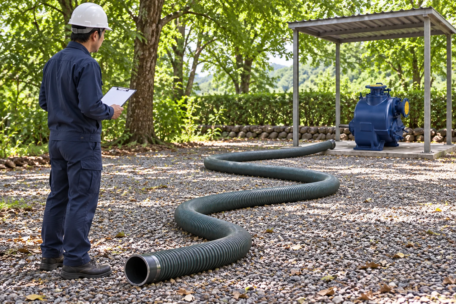 Technician reviewing an unconnected hose route with the reference SP pump
