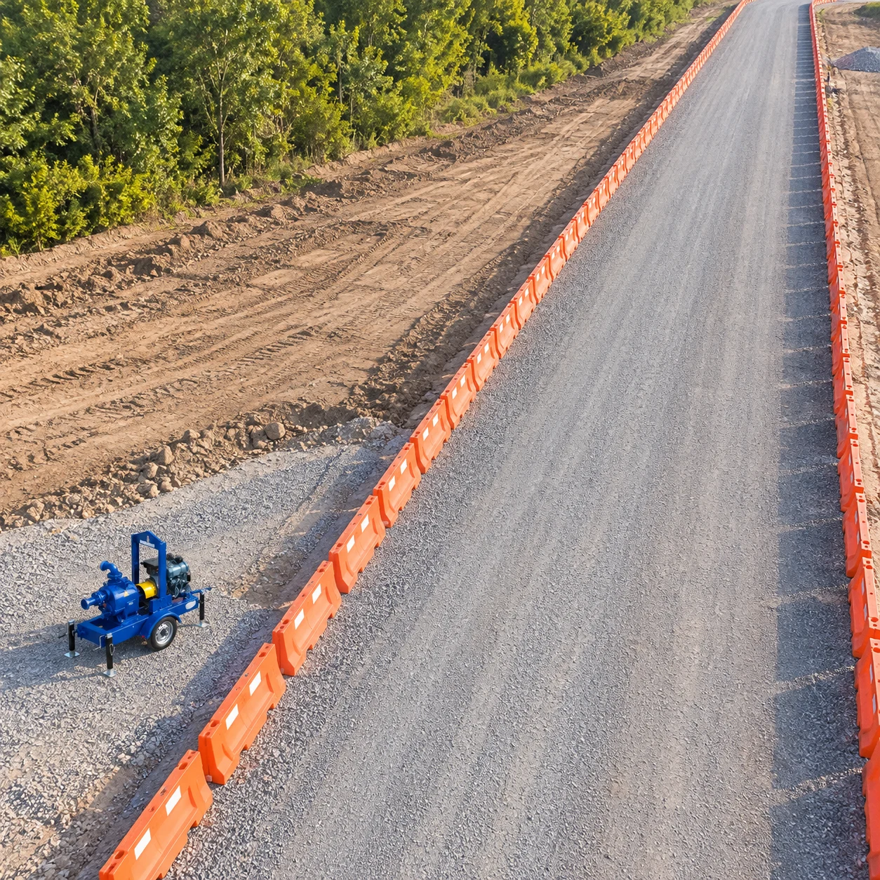 Clear access lane with trailer pump staged at its edge
