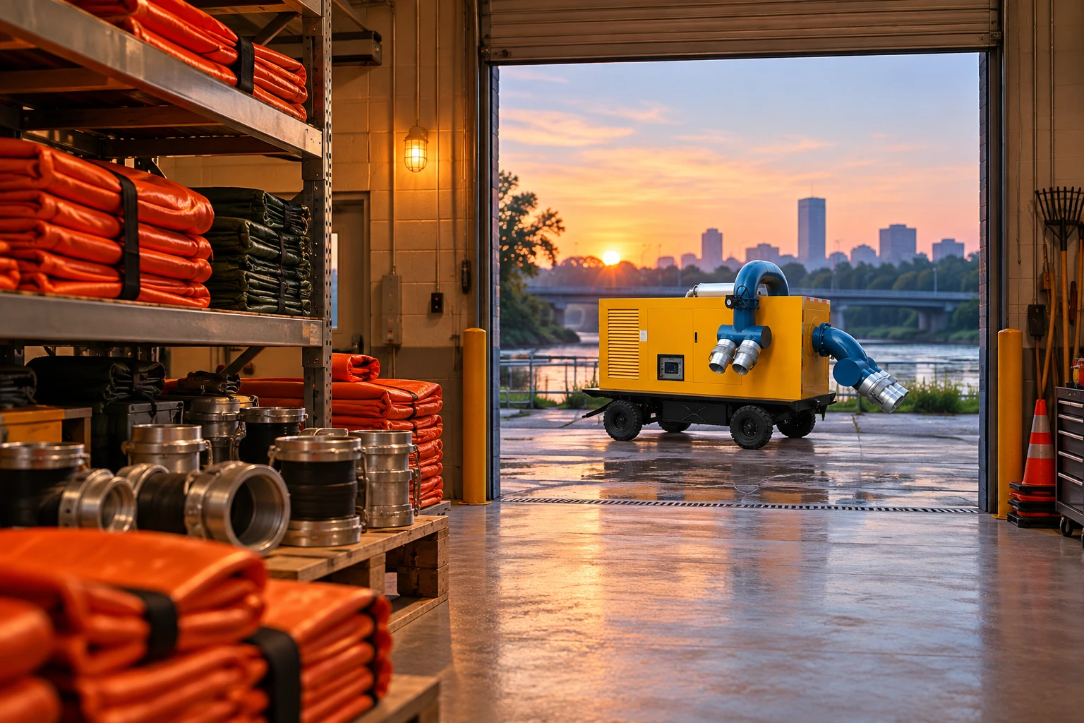 Flood response equipment stored near a staged reference CHWY pump