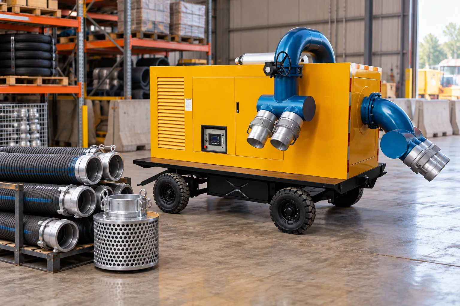 Mobile pump and disconnected hoses staged in a warehouse