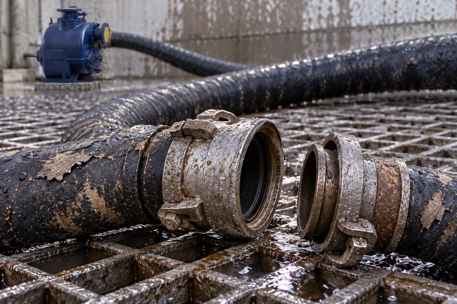 Disconnected hose couplings on a washdown grate