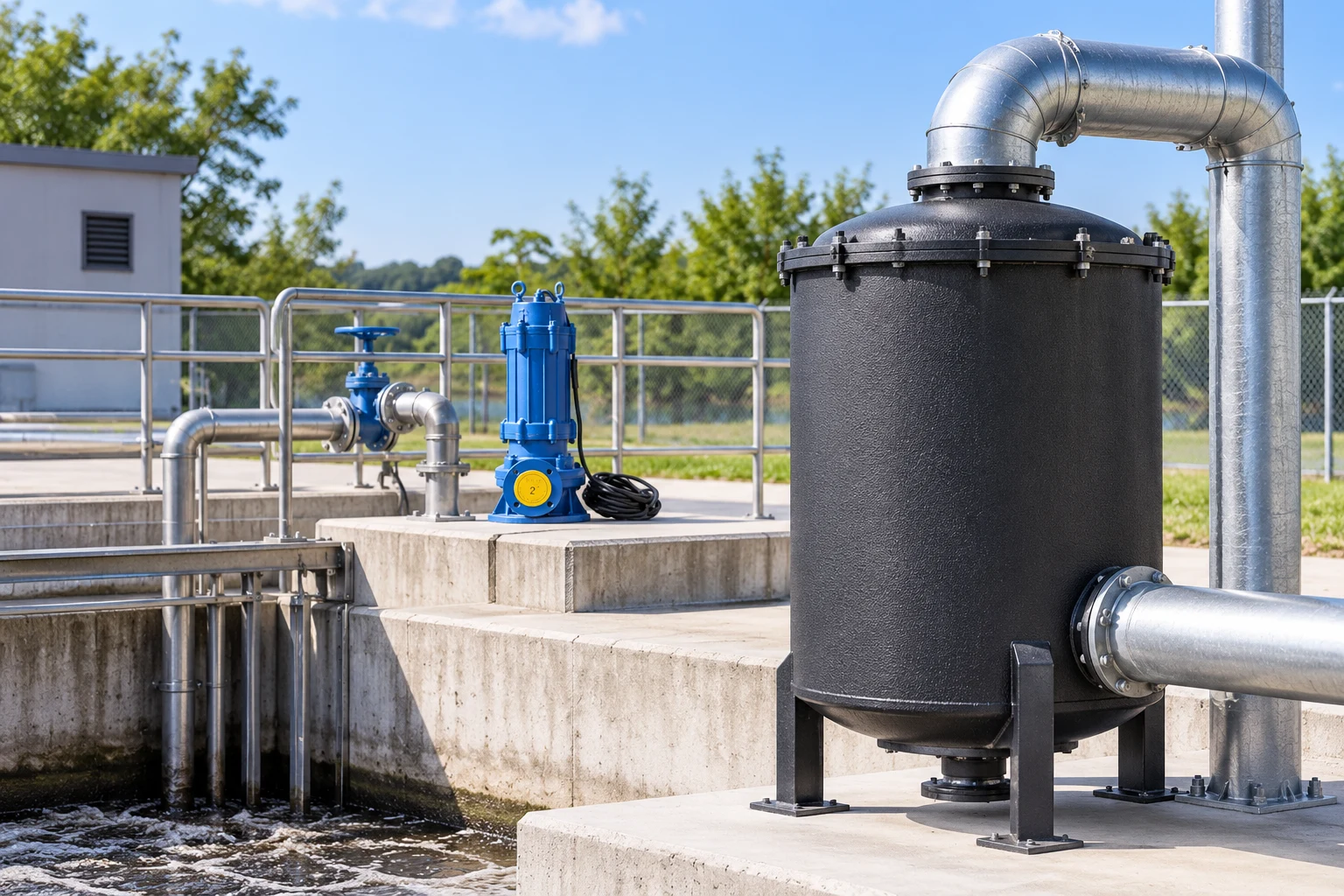 Odor treatment vessel with pump in the station background