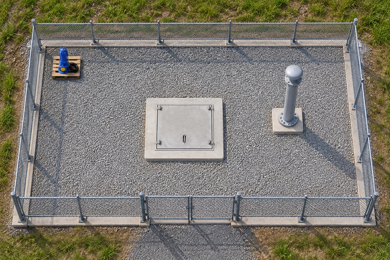 Overhead station layout with closed hatch and remote ventilation stack