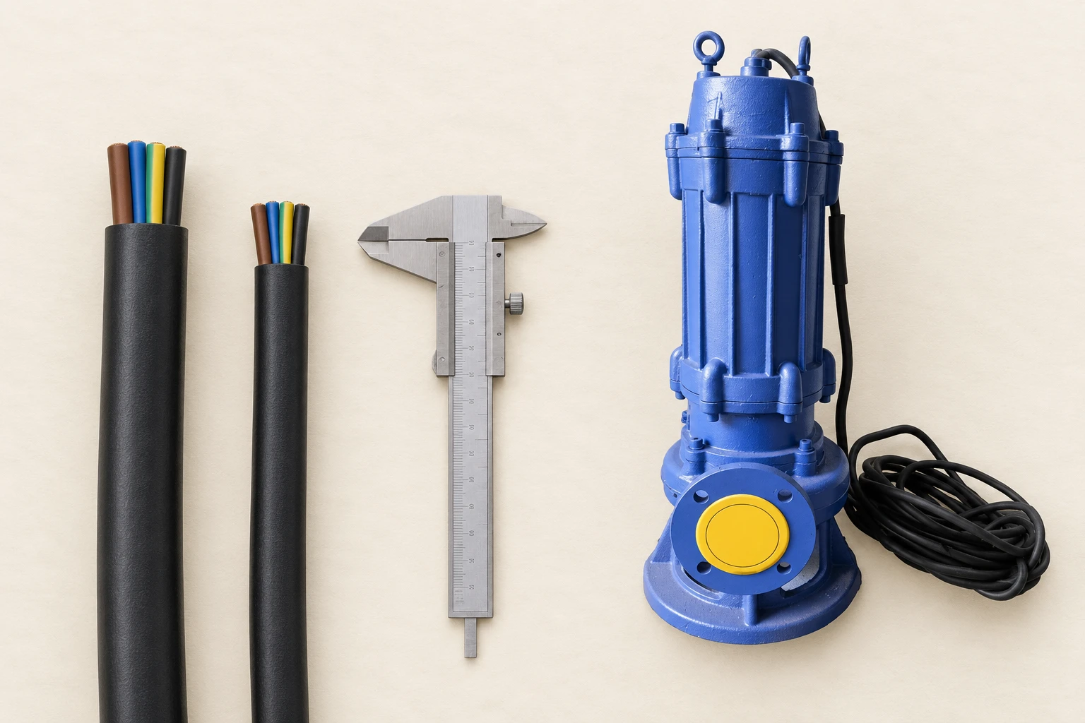 Illustrative insulated cable samples beside the reference WQ pump
