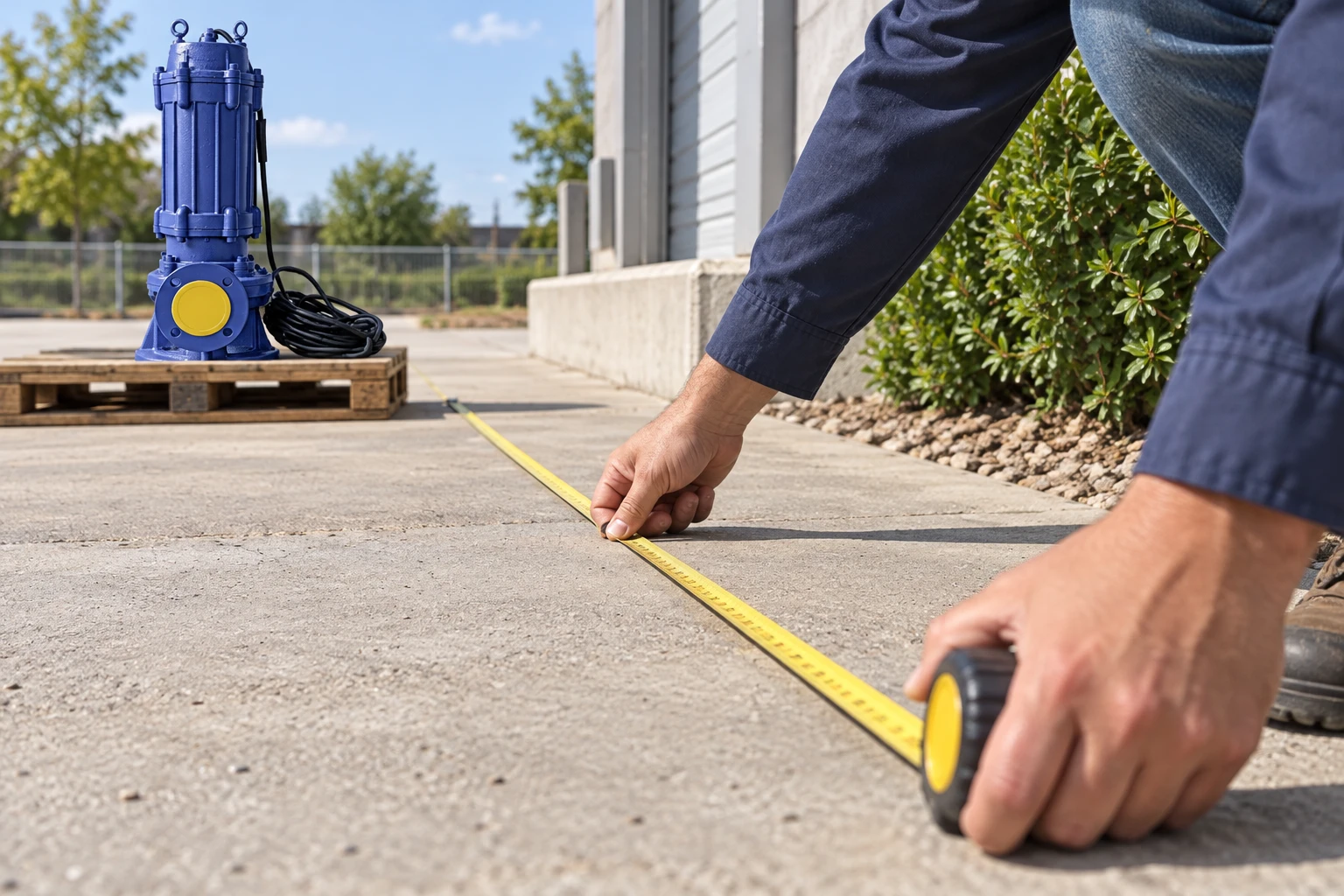 Technician measuring a route near a disconnected reference WQ pump