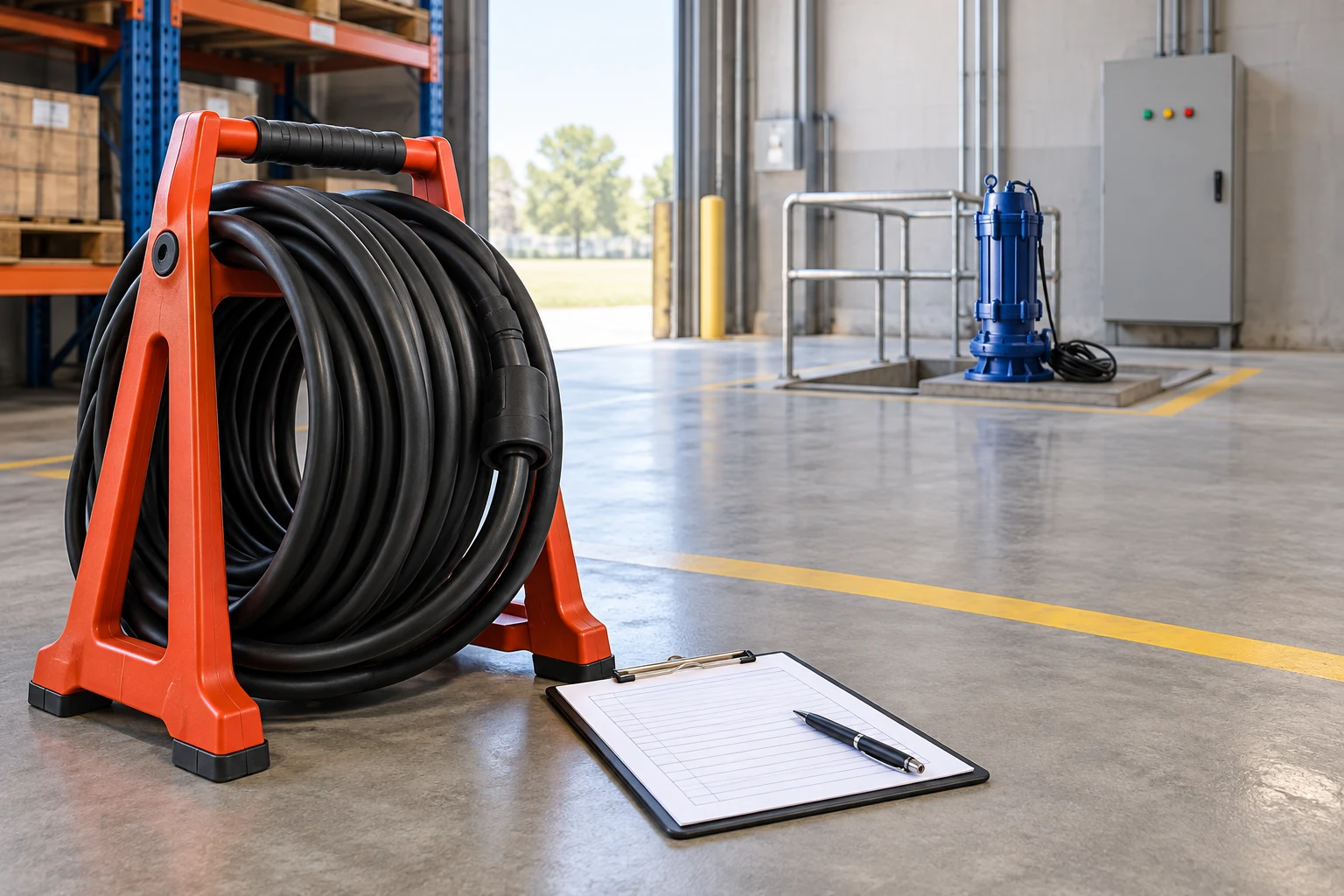 Coiled power cable and cable stand with pump in distant service bay