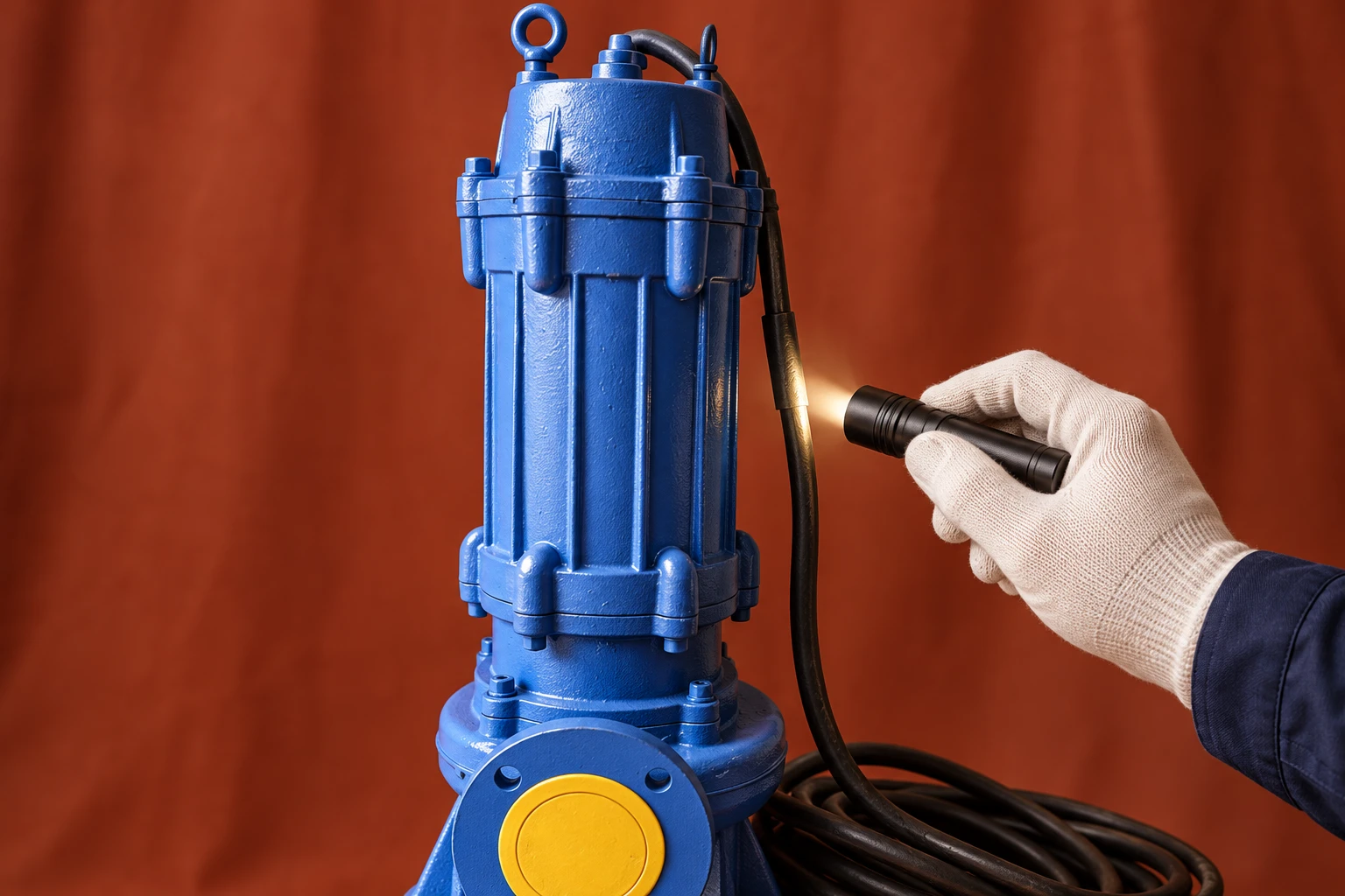 Inspection torch near the exterior cable of the referenced blue WQ pump