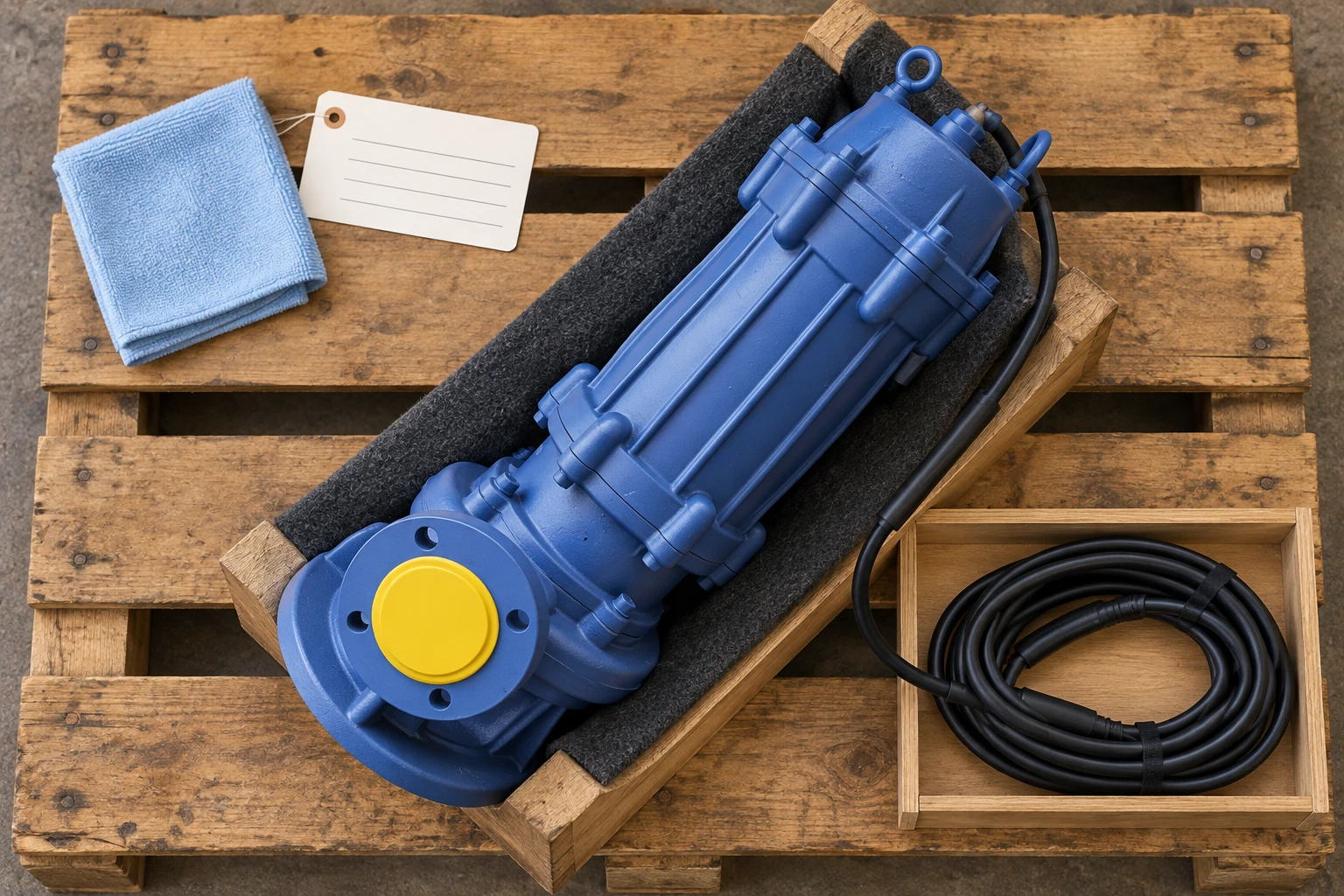 Referenced WQ pump secured on a padded pallet with its disconnected cable